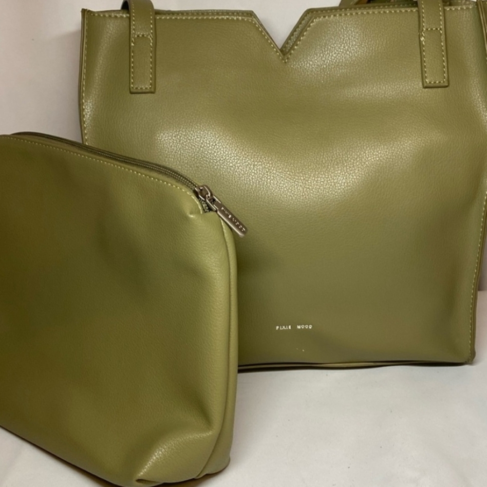 Pixie Mood Alicia Olive Green Vegan Leather Double Handled Tote w/Bonus bag